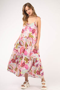Sleeveless Tropical Printed Summer Midi Dress, Pink Mix