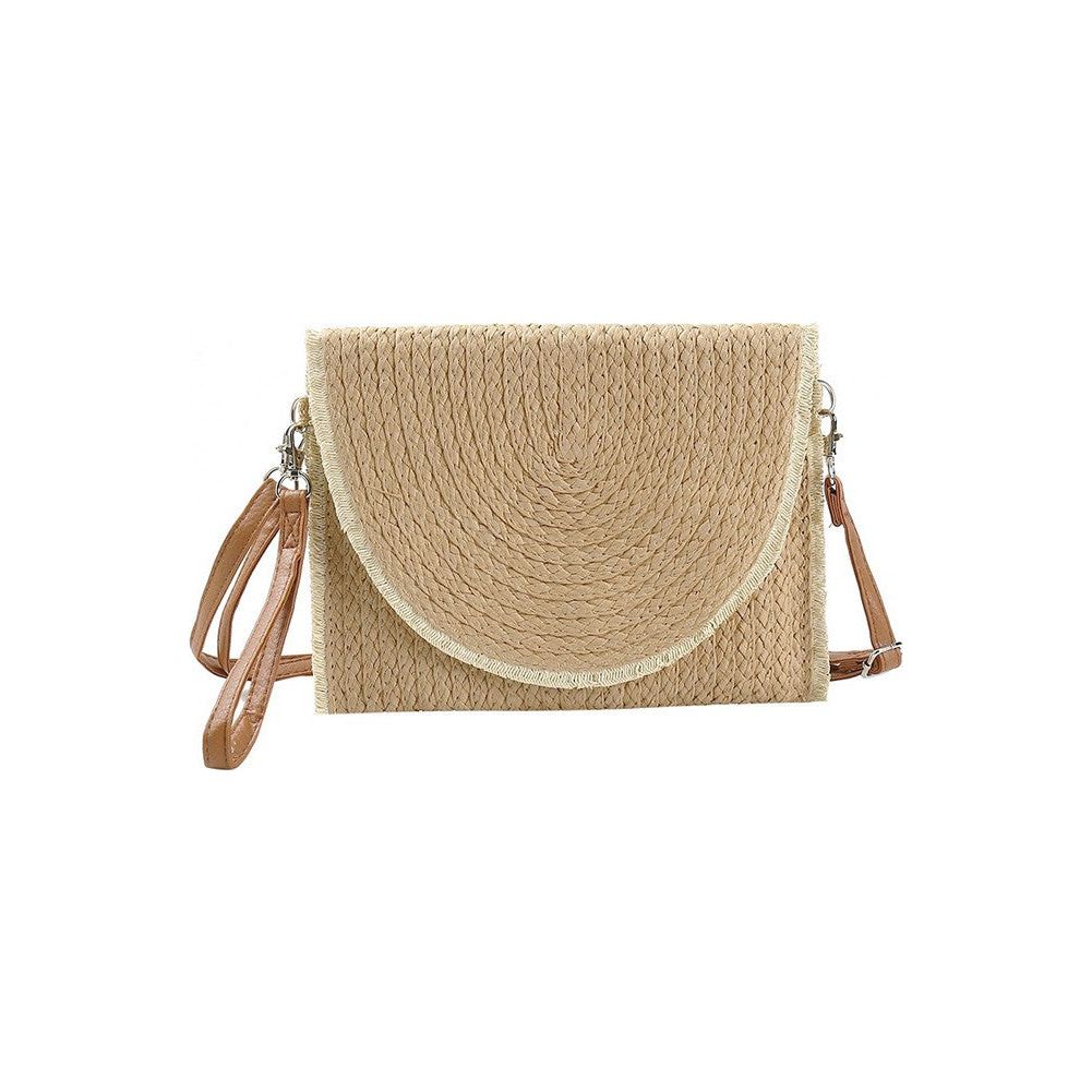 Frayed Trim Two Tone Straw Clutch Crossbody Bag