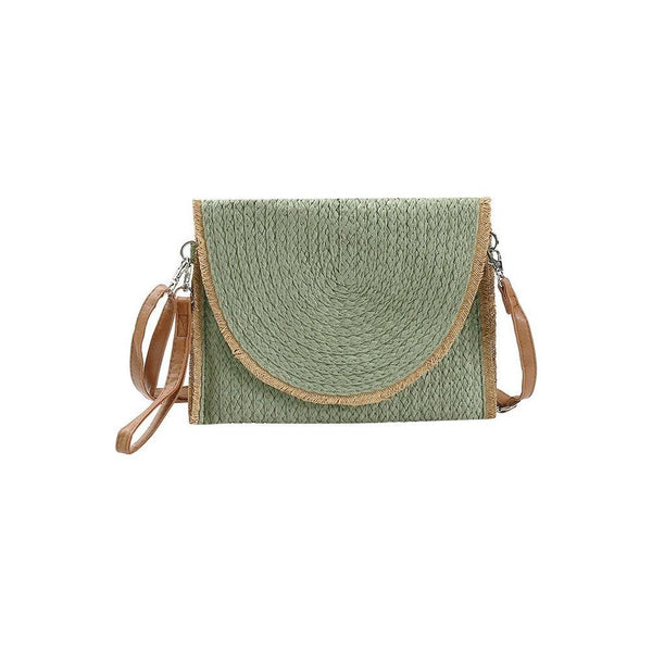 Frayed Trim Two Tone Straw Clutch Crossbody Bag