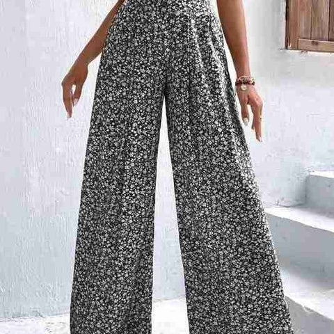 Floral Print Wide Leg Pants, Black