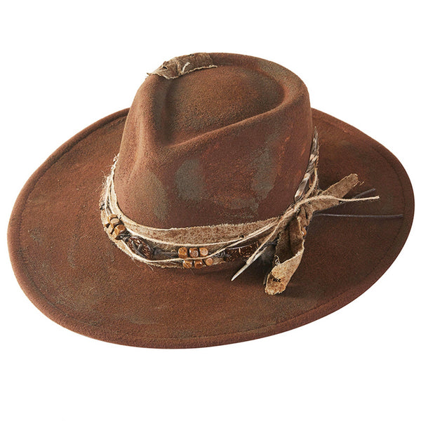 Distressed Fabric Band Rustic Cowgirl Fedora Hat