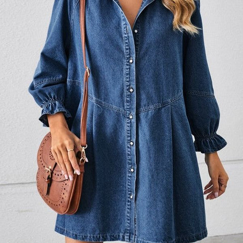 Ruffle Cuff Long Sleeve Shirt Denim Shirt Dress, Dark Blue