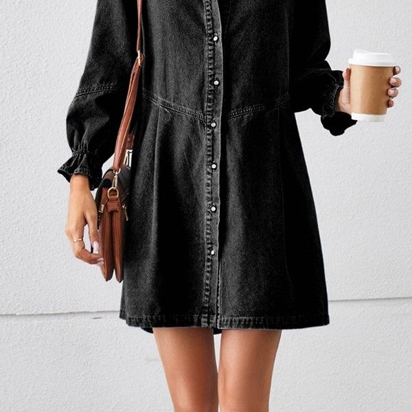 Ruffle Cuff Long Sleeve Shirt Denim Shirt Dress, Black Grey