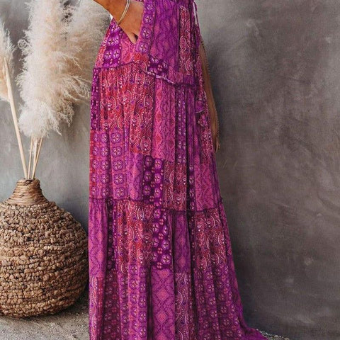 Purple Tiered Paisley Print Pocketed Maxi Skirt