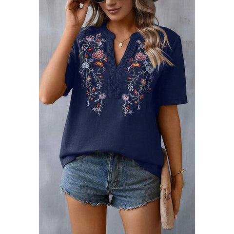 Embroidered Patchwork Lace Lace Top, Navy