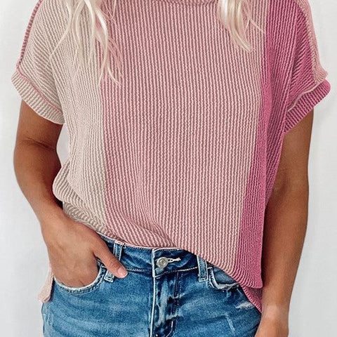 Textured Colorblock Crew Neck T Shirt, Pink