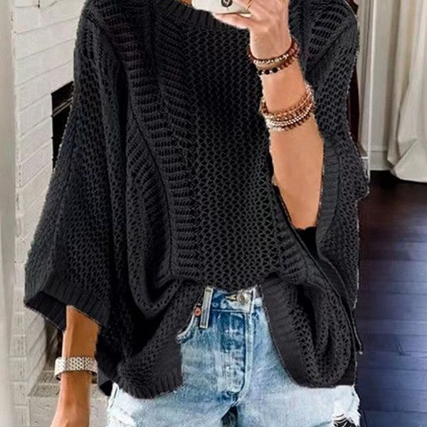 Long Sleeve Hollow Knitted Loose Tops, Black