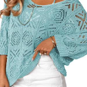 Seven Quarter Sleeved Off Shoulder Sweater, Light Blue