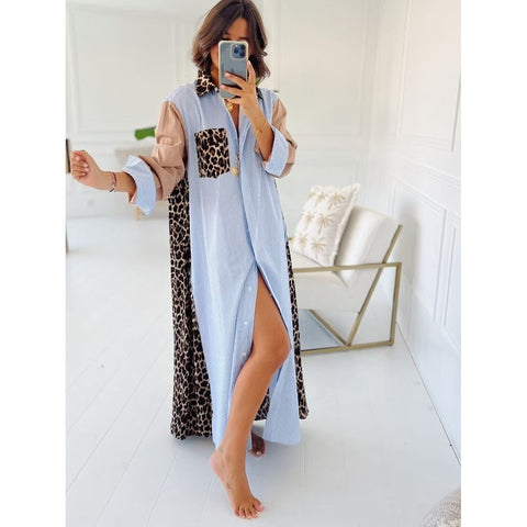 Animals Print Patchwork Contrasr Shirt Dress