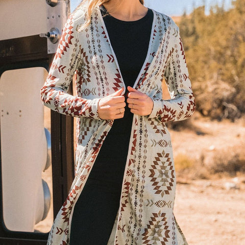 Western Aztec Printed Open Front Long Cardigan