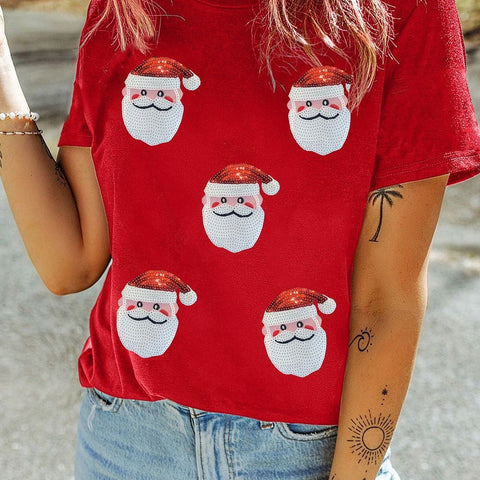 Sequin Christmas Claus Pattern Crewneck T Shirt