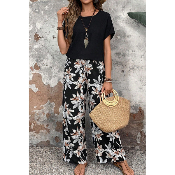 Head Print Round Neck Casual Suit For Women, Black