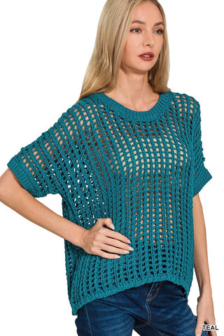 Fish Net Short Sleeve Crochet Sweater