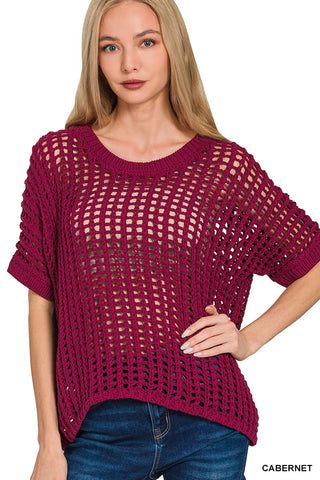 Fish Net Short Sleeve Crochet Sweater- Cabernet