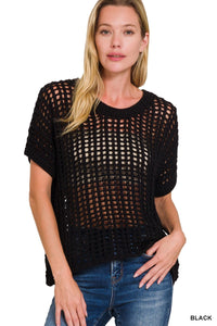 Fish Net Short Sleeve Crochet Sweater, Black