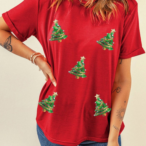 Sequined Christmas Tree Graphic Crewneck T Shirt