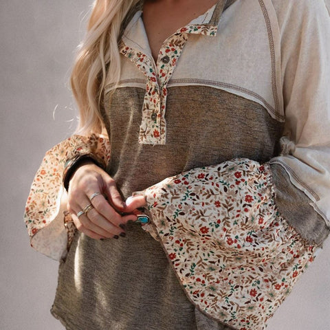 Floral Patchwork Flared Sleeve Henley Top