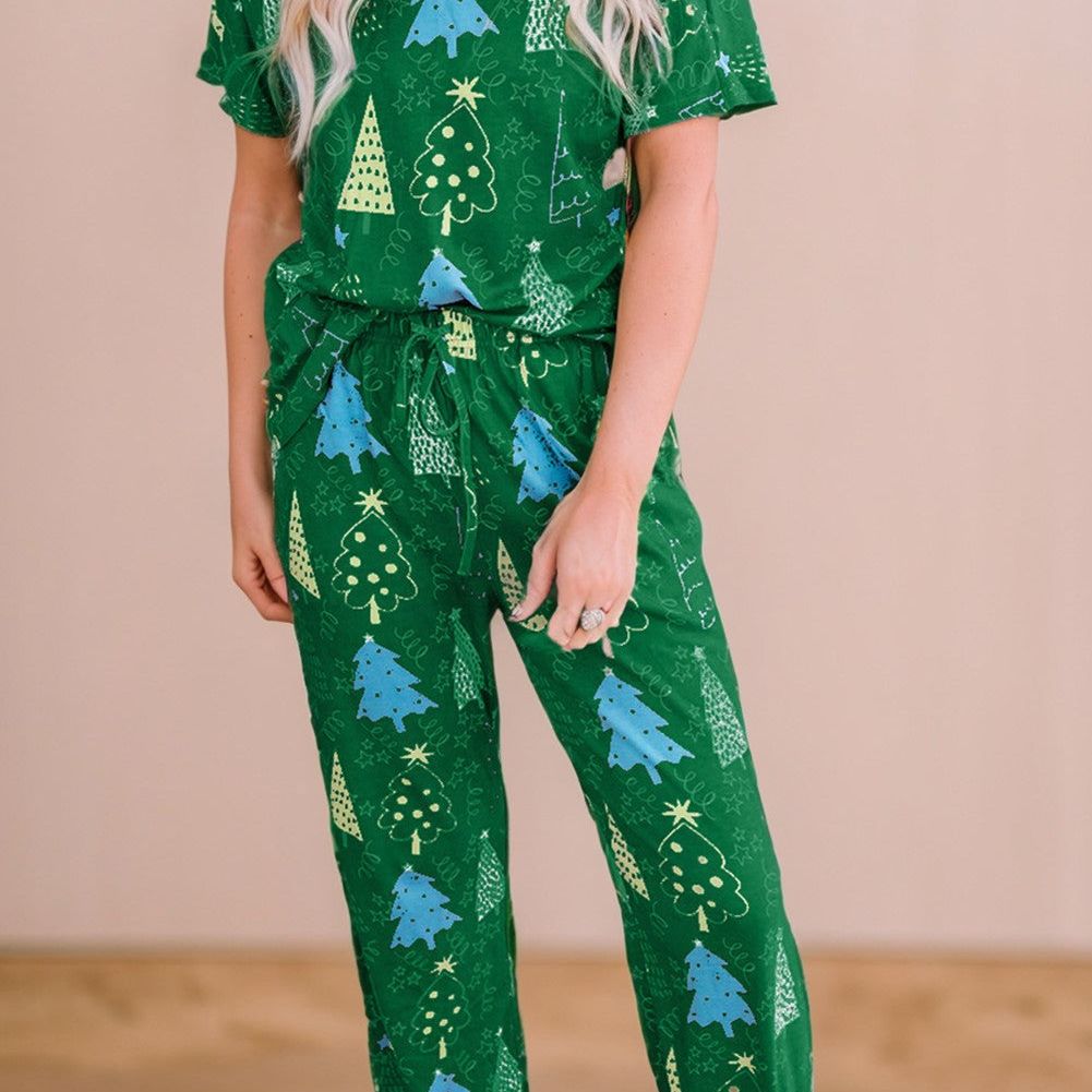 Christmas Tree V Neck Tee and Pants Lounge Set, Green