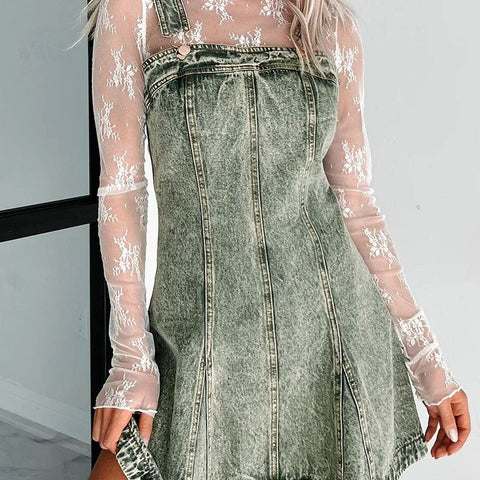 Faded Denim Suspender Short Dress, Green