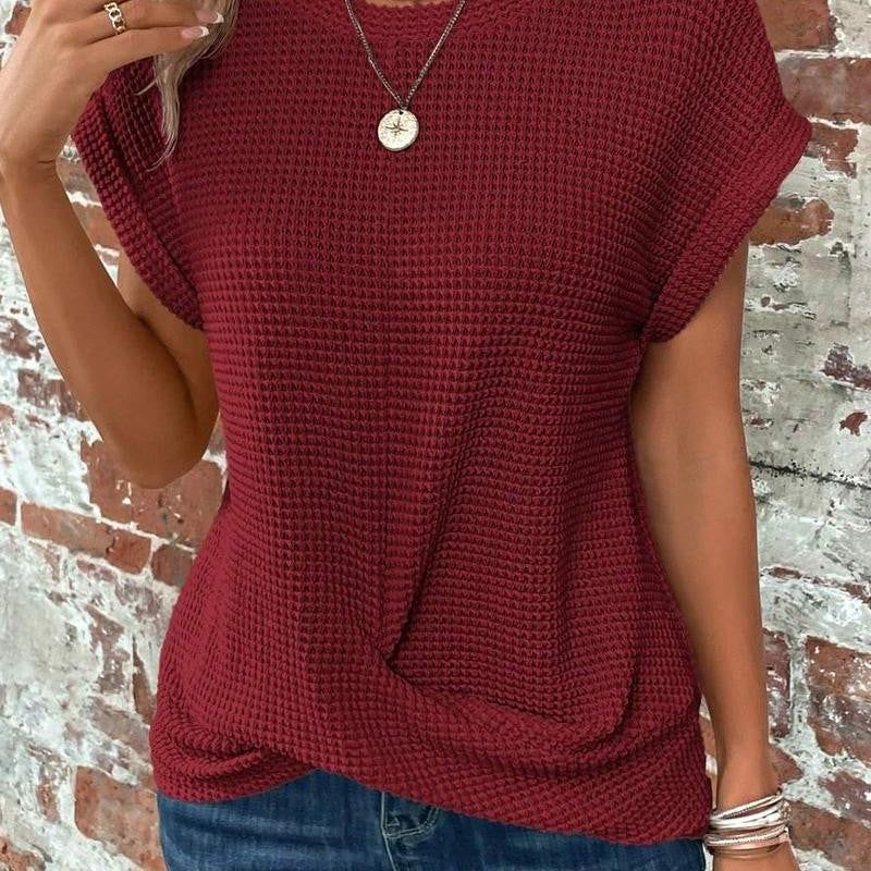 Lune Solid Batwing Sleeve Twist Hem Tee, Burgundy