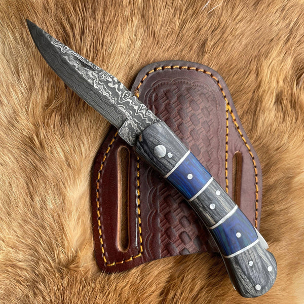 Pocket Knife Grey and Blue Wood 6.5'' Damascus Steel Knife