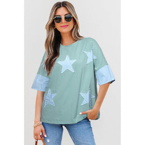 Frayed Star Denim Patchwork Oversize T Shirt