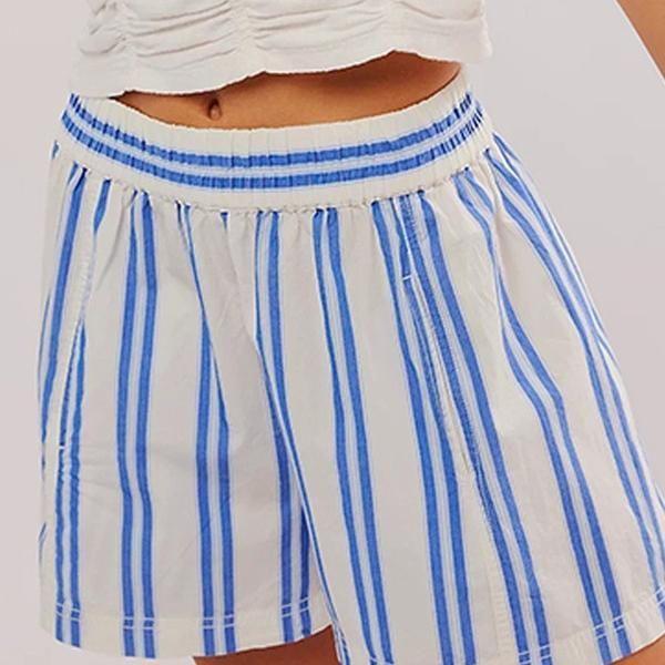 Cotton Midi Waist Stripes Shorts, Blue