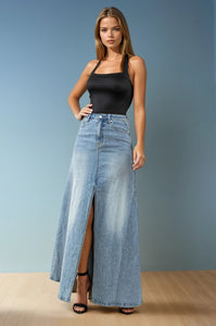 Floor Length Maxi Denim Skirt With Split