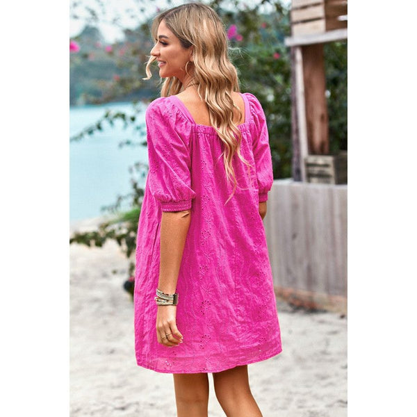 Fuchsia Solid Square Neck Dress