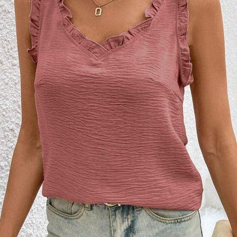 Parchment Frill Trim V Neck Crinkled Sleeveless Top, Mauve