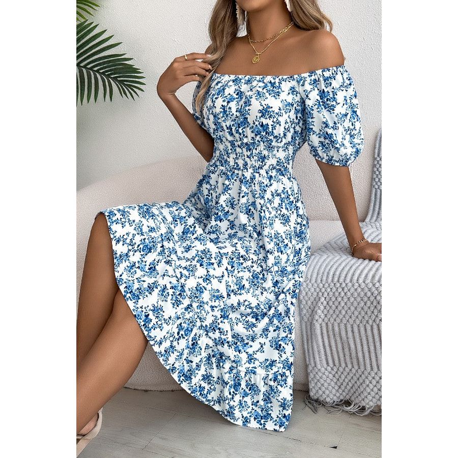 Floral Square Neck A-line Dress, Blue