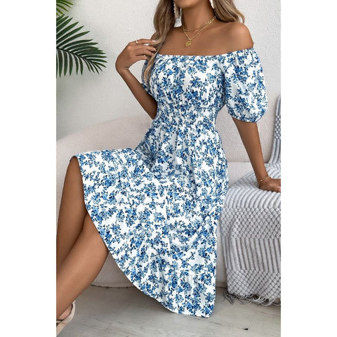 Floral Square Neck A-line Dress, Blue
