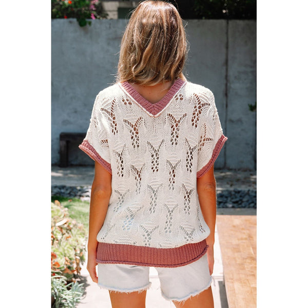 Embroidered Flowers Colorblock Hollowed Blouse