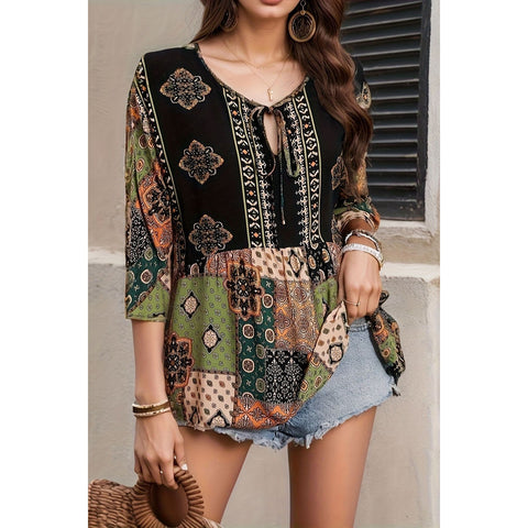 Printed Round Neck Waist Cinched Shirt