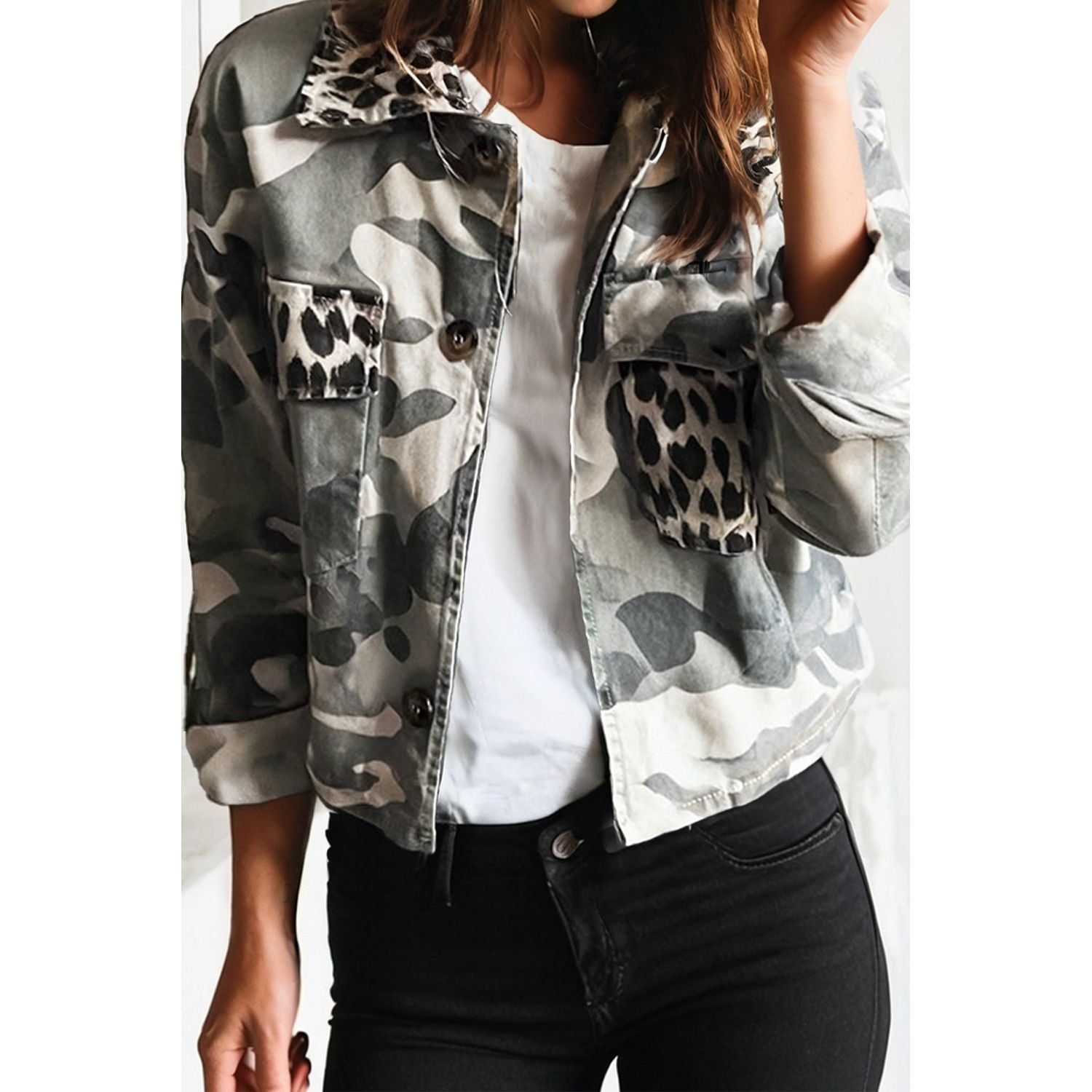 Camo Leopard Patchwork Double Flap Pocket Jacket