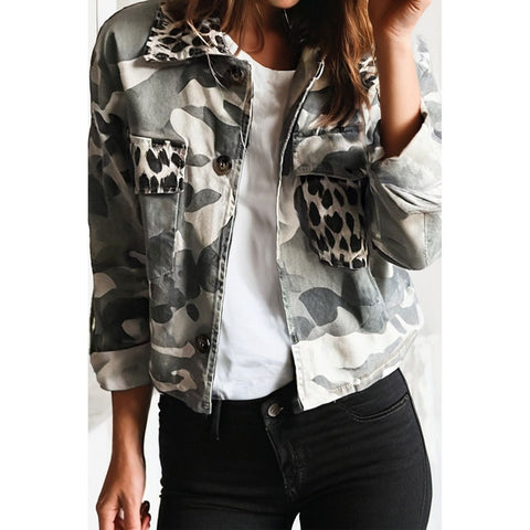 Camo Leopard Patchwork Double Flap Pocket Jacket