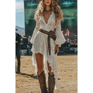 Western Boho Lace V-neck Midi Dress