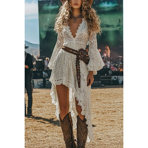 Western Boho Lace V-neck Midi Dress