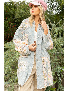 Contrast Floral Print Frayed Texture Button Down Shacket