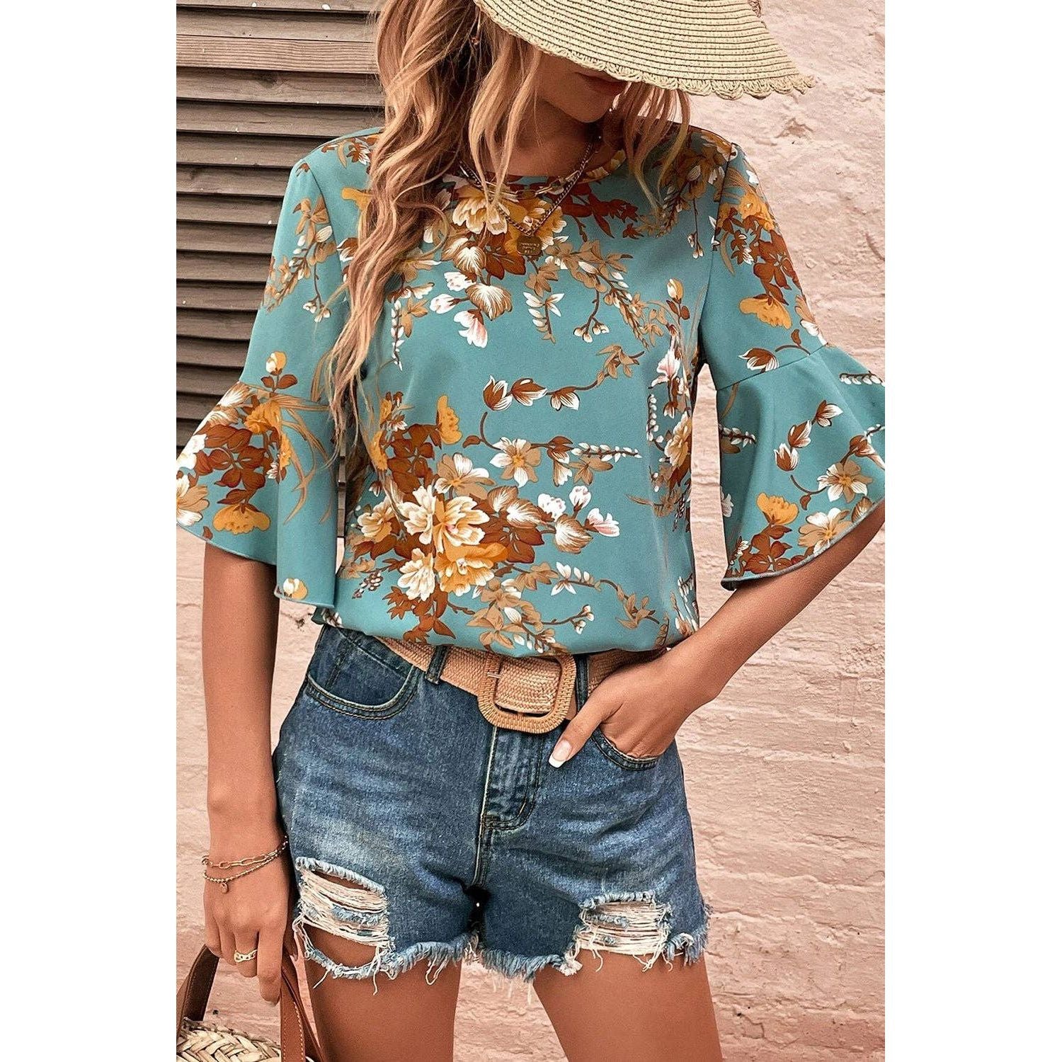 Floral Flare Sleeve Blouse, Mineral Blue