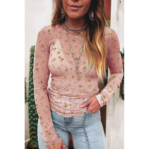 Vintage Floral Print Southern Style Mesh Long Sleeve Top