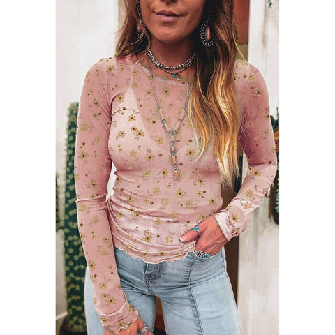 Vintage Floral Print Southern Style Mesh Long Sleeve Top