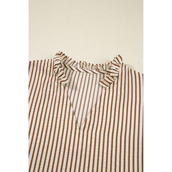 Striped Frill V Neck Knot Bracelet Sleeve Blouse