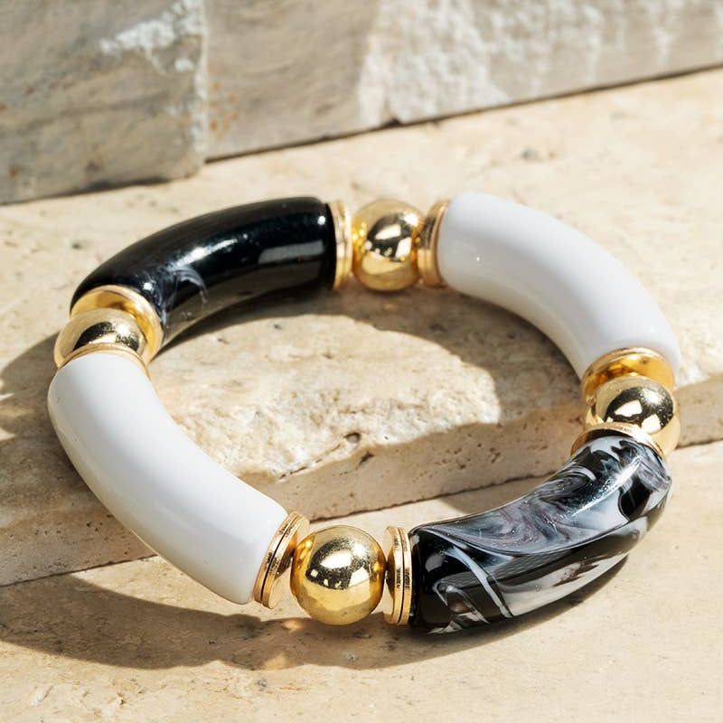 Resin and Metal Beads Bracelet: Black/White