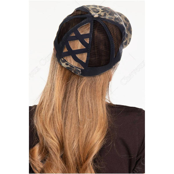 C.C Washed Denim with Crossed Elastic Band Mesh Pony Cap