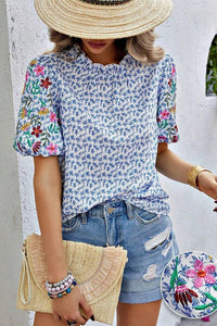 Floral Print Frilled Collar Puff Sleeves Blouse, Blue