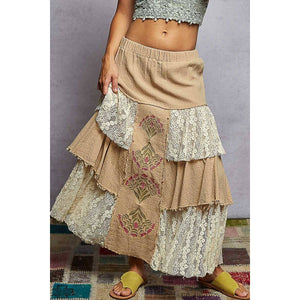 Vintage washing solid double gauze lace ruffle floral skirt