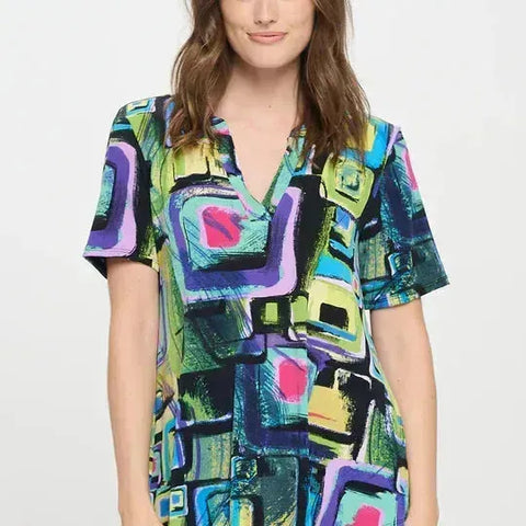 Notch Neck Rolled Sleeve Top, Multi