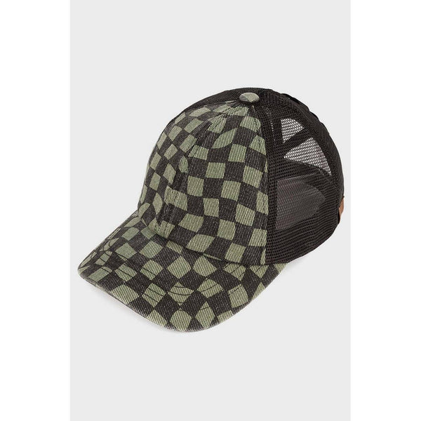 C.C Checkered Pattern Criss Cross Back Cap: Black