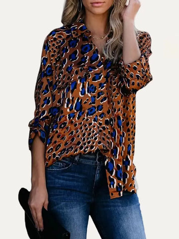 Leopard Print Collared Neck Button-Up Long Sleeve Top